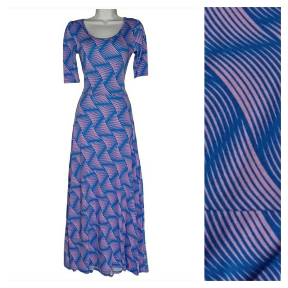 LULAROE Ana Purple Blue Geo Print Short Sleeve Stretchy Maxi Dress XSmall